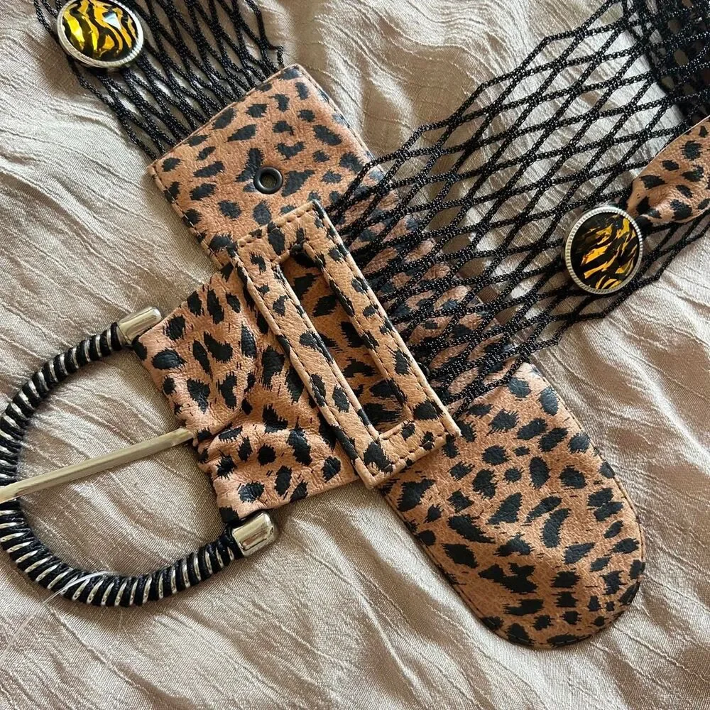 Vintage Les Sacs de Léo Rexx Leopard Fishnet Statement Belt